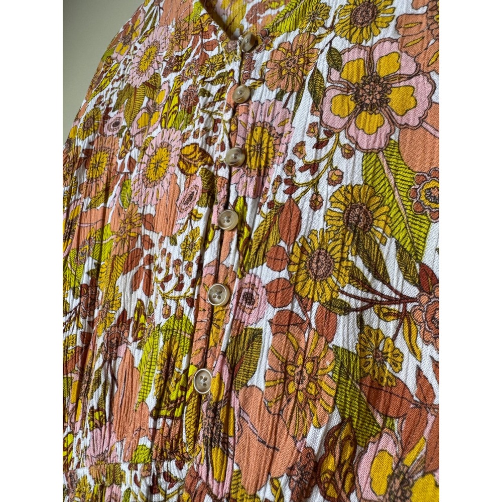 Retro 70s Boho Floral Mini Dress Smocked Waist Cottagecore Small - Picture 5 of 10